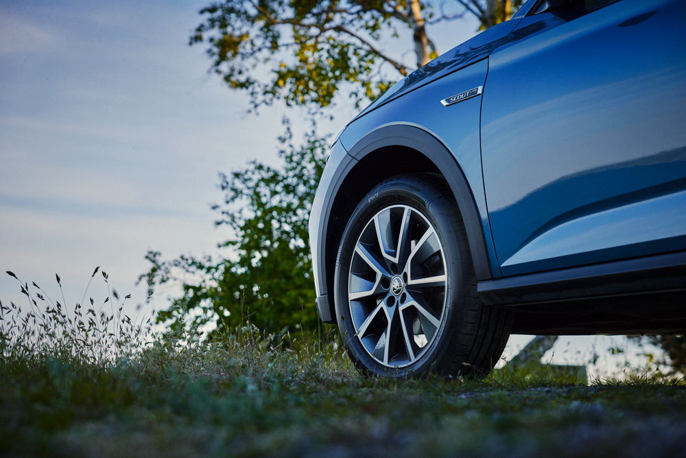 En blå Skoda parkerad i gräset med fokus på däcket