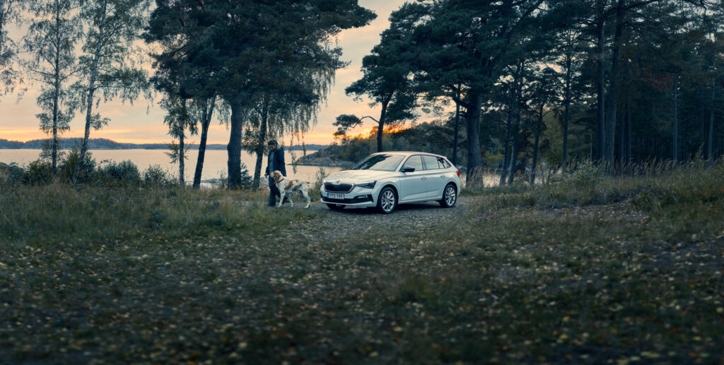 Skoda Originalservice Skoda parkerad i skogen vid vattnet