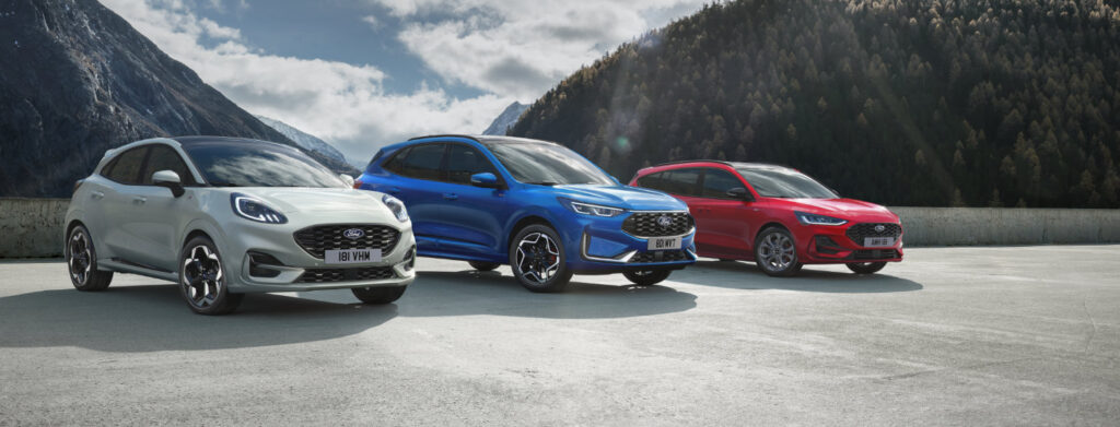 Ford Economy Service Tre Fordbilar står parkerade på rad bland bergen